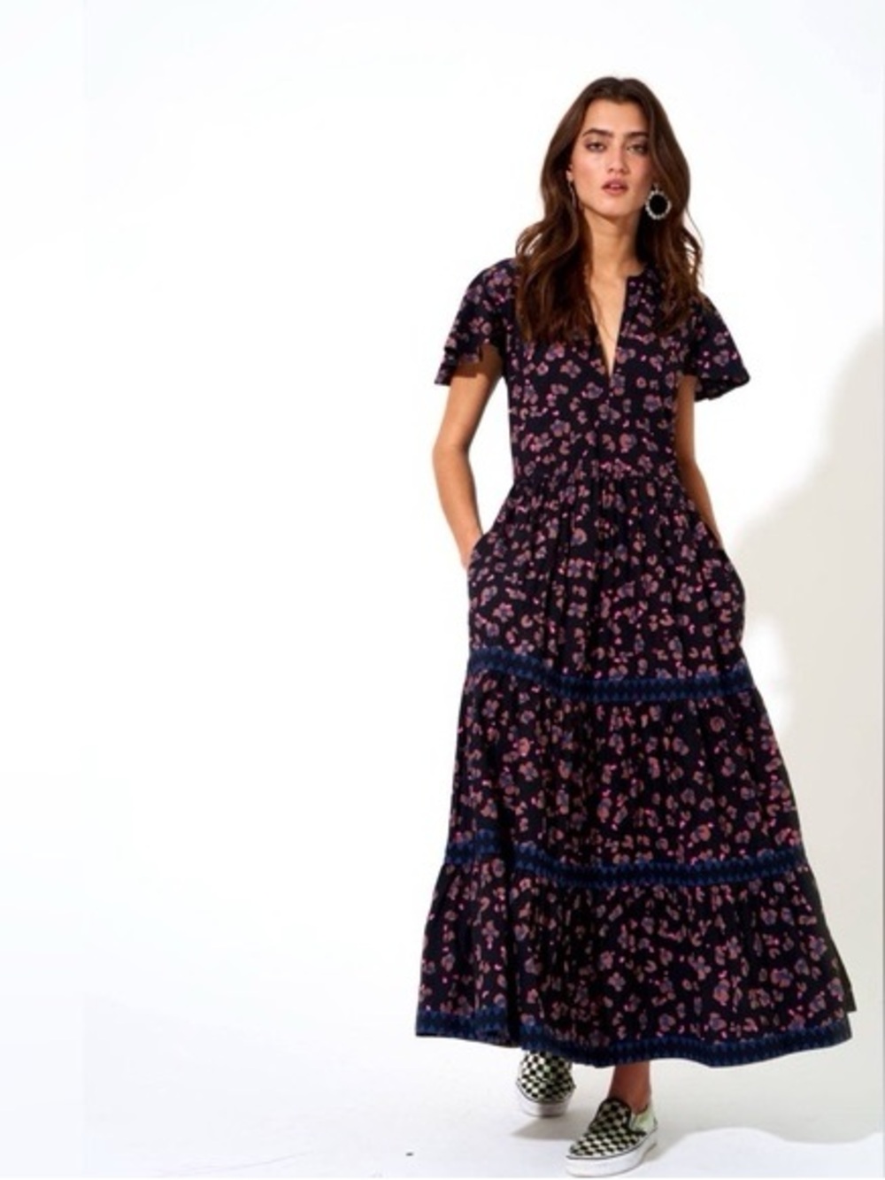 Oliphant Maci Maxi Dress in Black Leopard Multi Tiered VNeck Women's Large